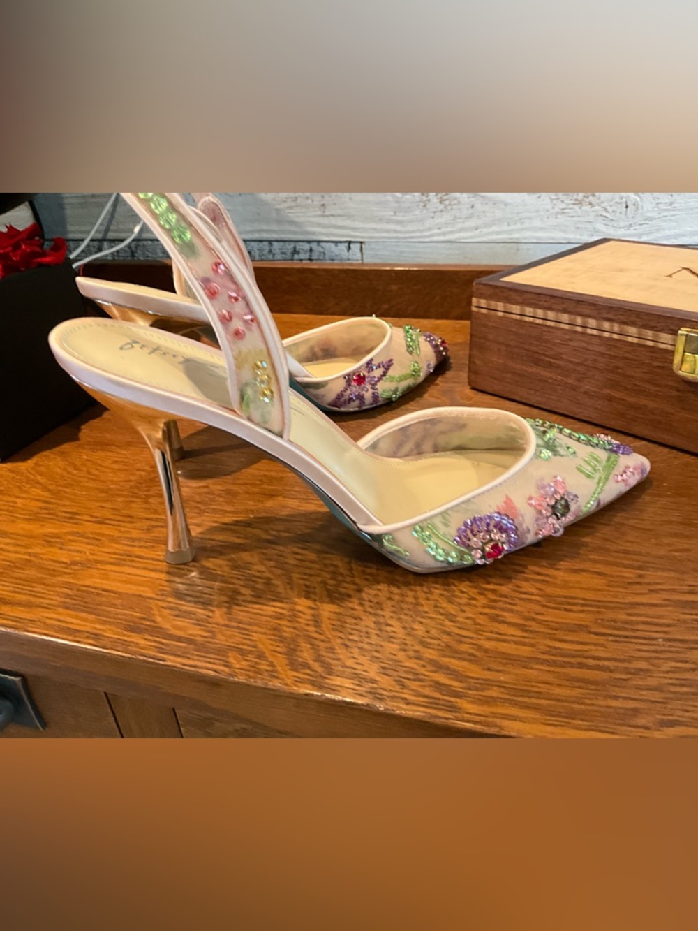 New Betsy Johnson Velma Heel Multicolor Crystal Floral Embroidery